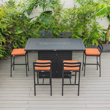 LeisureMod Chelsea 1 Bar Height Fire Pit Table & 6 Bar Chairs Orange Cushions, 50,000 BTU Fire Pit Dining Table Set, Powder-Coated Aluminum Patio Dining Set, Removable Olefin Covers