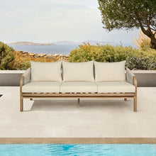 Armen Living Cypress Outdoor Patio Sofa in Blonde Eucalyptus Wood and Light Gray Rope with Ivory Olefin Cushions