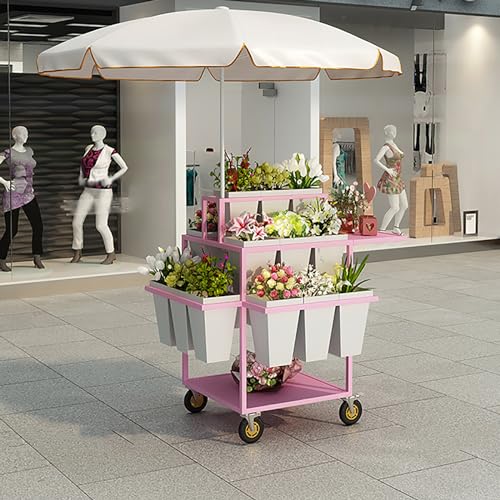 Metal Outdoor Flower Display Stand with Flower Display Stand with 18 Buckets, Flower Cart Display Stand with Wheels，Flower cart for Florist, Patio Garden (Pink)