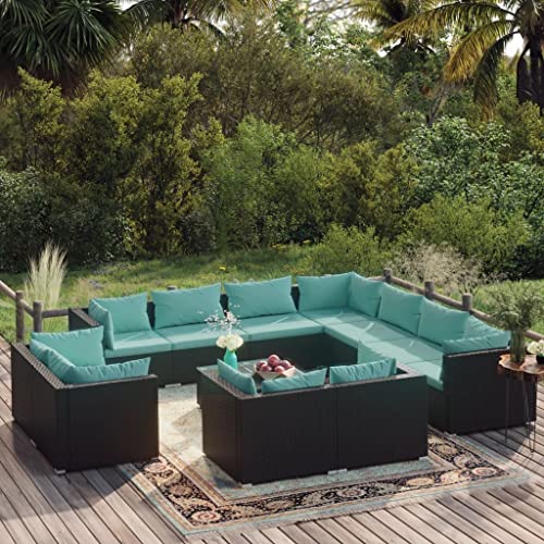 WXGTBKPR 12-Piece Modular Garden Lounge Set, Outdoor PE Rattan Sofa Furniture with Coffee Table, Water Blue Cushions for Patio, Backyard, and Balcony, Black