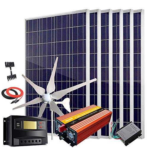 1000W Wind Solar Power Kit with 2000W Inverter: 400W Wind Turbine Generator + 6Pcs 100W Poly Solar Panel &Accessories for Off Grid 12V 24V Battery Charging (1000W Wind Solar Kit with 2000w Inverter)