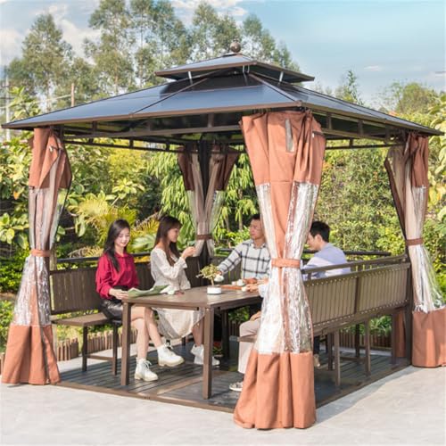 Hardtop Gazebo, Outdoor Polycarbonate Double Roof Canopy,PC Sun Board/Bold Metal Frame/Heavy Duty Permanent Pavilion with Curtains and Netting,for Patio, Backyard, Lawn,2.5x2.5m