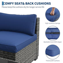 GarveeLife 7 Piece Outdoor Patio Furniture Set, Iron Frame Sectional Sofa Set with Gray Gradient Wicker and Blue Cushions, Outdoor Conversation Sofa Set for Garden and Patio