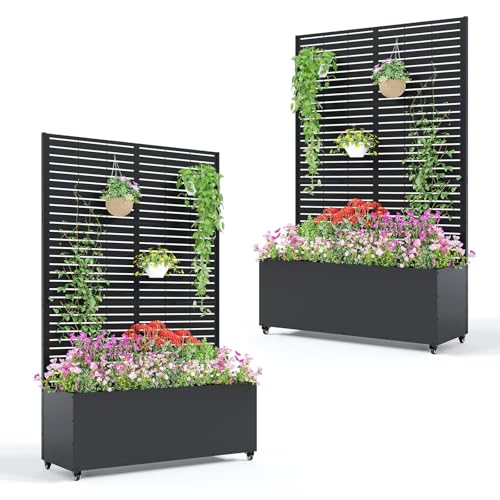 GarveeLife 2PCS Metal Planter Box with Trellis and Wheels, 71"x47"x16" Raised Garden Bed for Climbing Plants, Vegetables, Vines, Privacy Planters for Patio w/Drainage Holes, 15.7" Deep Planting Bed