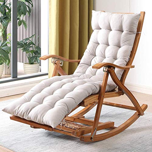 Recliner Rocking Chair Foldable Wooden 5-Gear Adjustable Recliner Chair Bamboo Patio Reclining Zero Gravity Chair with Padded Max. Support 550 lbs