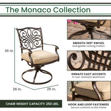 Hanover Monaco 7-Piece Outdoor Patio Dining Set with 6 Cushioned Swivel Rocker Chairs, 60" Round Table, Umbrella & Base, Tan