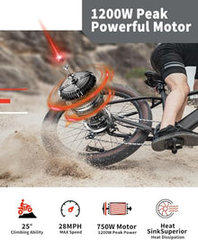Luckeep 1200W Electric Mountain Bike with Lock, 26" Fat Tire, 48V Battery