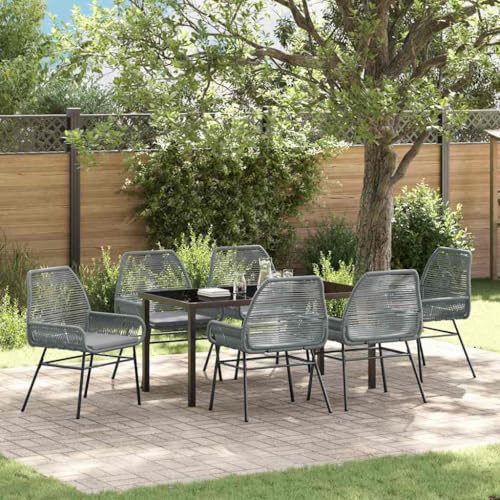 Grey 7-Piece Outdoor Dining Set with Cushions, Poly Rattan Patio Furniture Set with Tempered Glass Table for Garden, Backyard, Poolside, Includes 6 Chairs, Weather-Resistant Durable for Entertaining