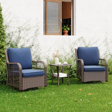PioneerWorks Outdoor Swivel Wicker Glider Patio Chairs with Table Set, 3 Pieces Outdoor Bistro Set with 4”Thick Cushions and Coffee Table for Porch, Balcony, Deck (Blue)