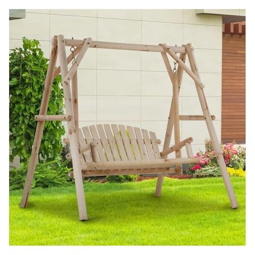 Etlegor Outdoor Wooden Porch Swing, Hanging Swing Bench Chair with A-Frame Modern 2-Person Rustic Bench Swing Curved Back Swing Chair for Outside, Yard, Garden