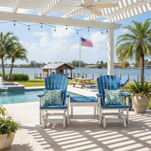 Outdoor Escape Blue Double Glider with Center Table, Blue White, Heavy Duty Polyethylene Patio Bench, Durable Outdoor Furniture