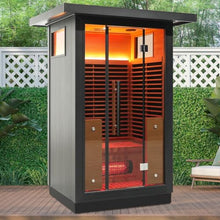 Gollense Outdoor Infrared Sauna 2-Person, Modern Design Canadian Hemlock and Black Aluminum Waterproof System, Wi-Fi Control, Full-Spectrum Infrared Panels, Ambient Light Strip, Speakers, 0-149 °F