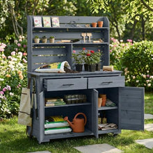 Cvqza TOPMAX Potting Bench, Garden Prep Cart with Lockable Wheels, Large Storage Cabinet, Outdoor Kitchen Island, Drawers & Removable Shelves, Perfect for Grilling and Gardening Activities, Gray