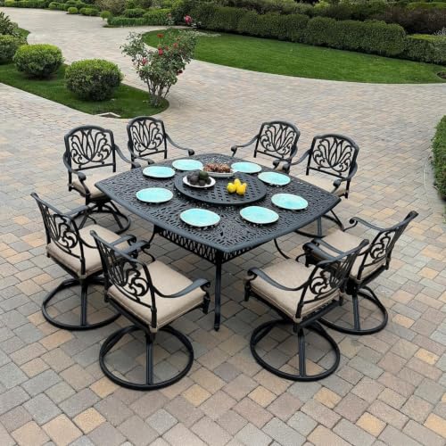 Darlee Elisabeth 10 Pc Cast Aluminum Dining Set w/ 64 Inch Table & Swivel Rockers in Antique Bronze/Beige Canvas