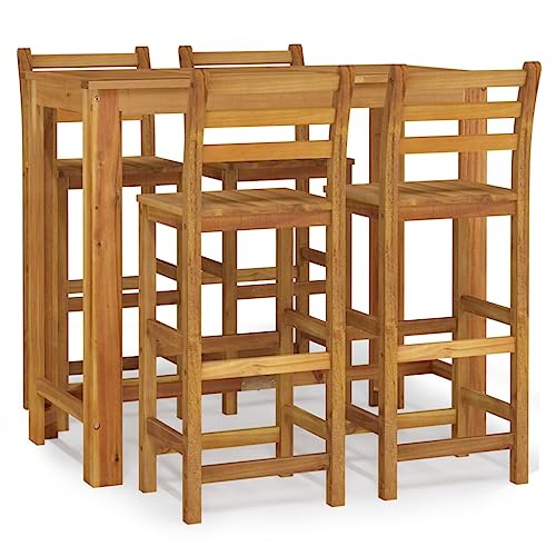 KGFHERENB 5-Piece Solid Acacia Wood Garden Bar Set, Rectangular 4-Person Outdoor Pub Table and Barstool Dining Set for Patio, Backyard, and Terrace, Natural Brown Finish