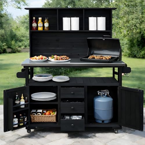 GDFStudio Preden Outdoor Storage Bench Table with Cabinet, Patio Wooden Potting Bench, Garden Storage Work Bench with Stainless Steel Top, Drawers, Cabinets, Shelves and Hooks, Kitchen Island, Black