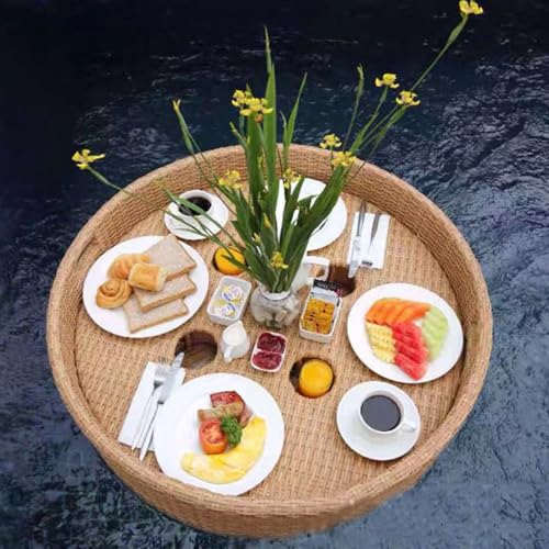 Extra Large Floating Tray, Handmade in Rattan, Perfect for Pool Beach Party or Hot Tub, Floating Tray for Serving Drinks, Brunch, Water Food,Beige-80X80X15