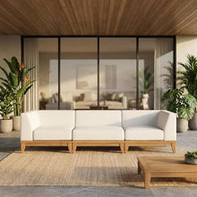 Outdoor Escape White Fabric Patio Modular Sofa, Acacia Wood Finish, Comfortable Seat, Durable Frame, Outdoor Living Space