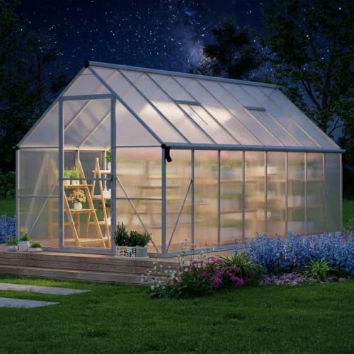 Garvee 8 x 16 ft Outdoor Polycarbonate Greenhouse Kit, Heavy Duty Greenhouse with Reinforced Aluminum Frame, Adjustable Roof Vent, Lockable Door & Quick-Connect Assembly