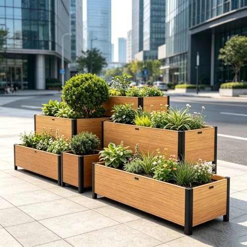 Wood Grain Aluminum Raised Planter with Rounded Safety Edges Metal Legs