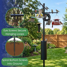 Backyard Essentials Squirrel Proof Bird Feeder Pole with Squirrel Baffle - 8 Hook Heavy Duty Stand - 8+ Foot Tall Black Powder Coated Steel Pole with Deep Set Auger Anchor