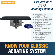 Outdoor Water Solutions Floating Pond Fountain 3/4HP – Classic Series Aerating Electric Fountain, Aerating Nozzle, 230V, 200ft Power Cable for Large Ponds