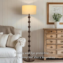 French Vintage Country Floor Lamp, Modern Dimmable Floor Light, Walnut Color Wood Ribbon with 9 Round Sphere and Linen Lampshades, for Living Room Bedroom Study Corner