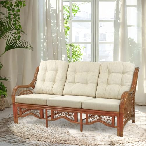 Wickerix Malibu Lounge Three-Seater Sofa Natural Rattan Wicker Handmade Design (Cream Cushions, Colonial)