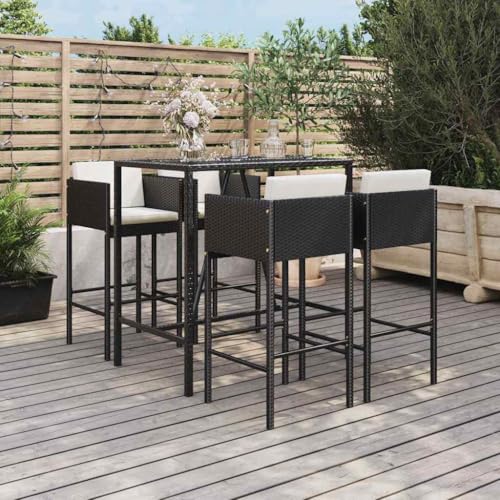 VGLQNRPT 5 Piece Patio Bar Set with Cushions, Outdoor Poly Rattan Pub Table and 4 Stools, Weather-Proof Garden Furniture for Backyard and Balcony, Black