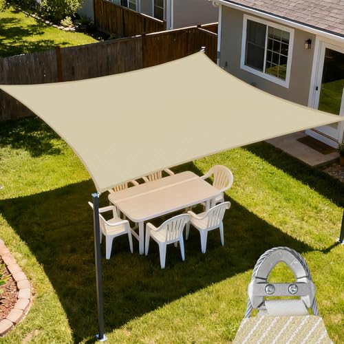 E&K Sunrise 23' x 33' Sun Shade Sail Rectangle Canopy Shade Cover with A Ring Steel Cable Wire UV Block for Pergola Patio Backyard Garden Deck Outdoor (Beige)