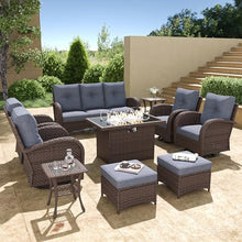 Aeeiua 10 Pieces Wicker Patio Furniture Set with Fire Pit Table, Luxury Outdoor Conversation Set with High Back Swivel Rocker Chairs