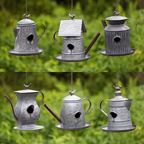 Hanging Metal Teapot Birdhouse/Feeder Decor (Set of All 6 (1 of Each), Galvanized Finish)