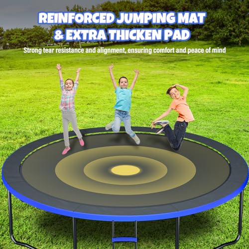 Kiivakii Outdoor Trampoline with Basketball Hoop & Enclosure Net, 12FT/14FT, Blue