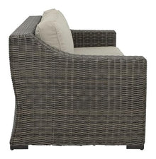Steve Silver Furniture Jones Patio Sofa, w/All-Weather HDPE Resin Wicker, UV Inhibitors, and Plush Seating in Brown, Patio Couch for Porch, Deck, Backyard, 36.6" D x 84" W x 31.5" H, Brown, Beige