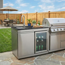 Stainless Steel Outdoor Kitchen Barbecue Island Grill, 6-Burner Cooking Station with Sink, Refrigerator, Granite Countertops & Rotisserie Kit, Suitable for Backyard Patio Entertaining (Silver)