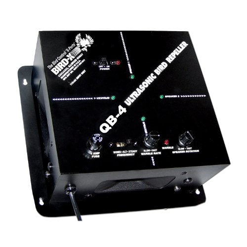 Bird-X Quadblaster QB-4, Ultrasonic Bird Preventer with Optional Strobe Light and 4 Built-in Speakers, Ideal for Indoors and Semi-Enclosed Areas, Covers 6,500 sq. ft.