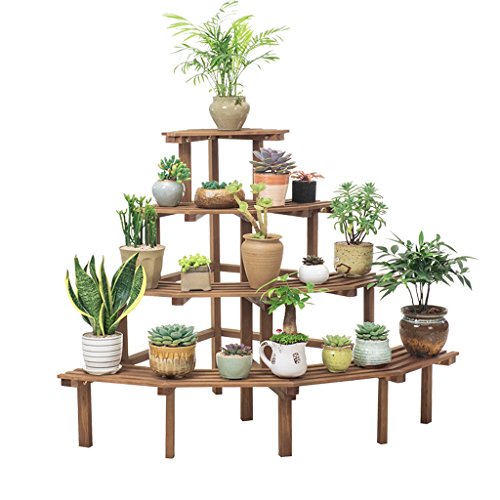 MIIKHI Corner Step Style Wooden Plant Rack Shelving, Pine Wood Flower Pots Shelves Planters Holder, Potted Plant Display Stand for Indoor & Outdoor Garden Use (Natural 4 Tier)