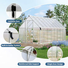 8x16 FT Greenhouse for Outdoors, Polycarbonate Greenhouse with Roof Vent, Lockable Door, Aluminum Walk-in Green Houses for Outside Garden Backyard, Sliver