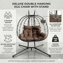 Double Hanging Egg Chair with Stand, 2-Person Large Patio Hammock Swing Chair with Thick Brown Cushions and Headrest Pillows, All-Weather PE Rattan Loveseat for Indoor Outdoor Balcony and Garden