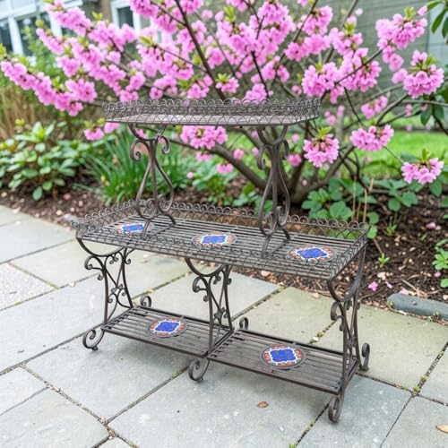 4.5ft Santorini Three-Tier Iron & Mosaic Display Stand "Écusson" (Bronze)