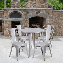 BOWERY HILL 5 Piece Round Metal Patio Dining Set, 30" Table and 4 Chairs, Silver Powder Coat Finish, Indoor/Outdoor Use, Commercial and Residential, Stackable Bistro Chairs, Retro-Modern Style Dining