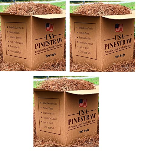 Long Needle Pine Straw Mulch - 300 Sqft Coverage 3 Set - Premium USA Harvested PineStraw for Landscaping, Weed Control, Moisture Retention & Erosion Control - USA Pinestraw