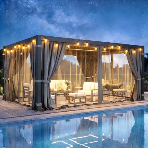 12' x 16' Pergola with Curtain & Adjustable Roof & Aluminum Frame for Patio