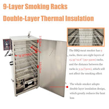 Yokoma Commercial Vertical Electric BBQ Meat Smoker Vertical Grill Sausage Smoke Oven Commercial Stainless Steel Electric Smoking Machine with Side Wood Chip Loader and 9 Detachable Racks, 110V