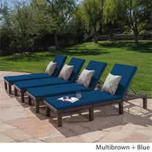 Noble House Jamaica MultiBrown Wicker Chaise Lounge Set of 4 with Blue Cushion