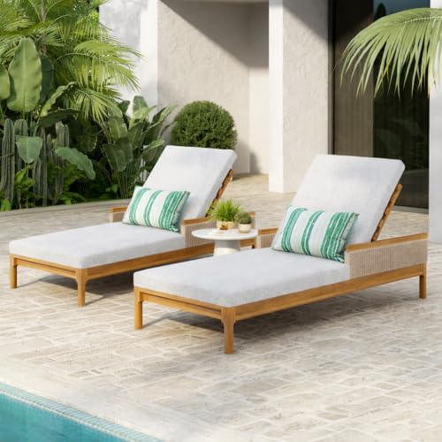 Merax Outdoor Acacia Wood Lounge Chair with Adjustable Backrest Set of 2,Patio Chaise Lounge with Cushions and Light Grey Wicker for Patio Poolside Garden, All-Weather Sun Lounger, Light Gray+Natural
