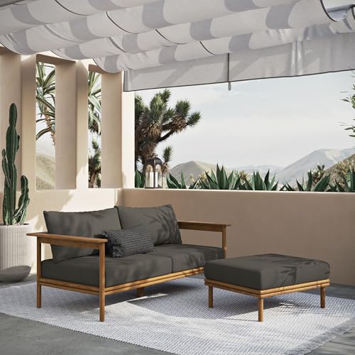 Modway Wren Teak Wood Outdoor Patio Sofa and Ottoman Set in Natural Flint Gray