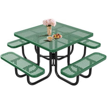 46" Square Top Outdoor Picnic Table Set for Up to 8 Persons, Outside Table Set with 4 Built-in Benches, Metal Commercial-Grade Dining Furniture with Umbrella Hole for Garden, Backyard, Porch, Green