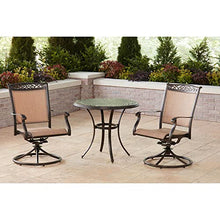Hanover Fontana 3-Piece Bistro Set with Tan PVC Sling Swivel Rocker Chairs and 32" Round Cast-Top Table