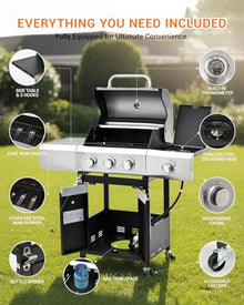 EUHOME 3 Burner Propane Gas Grill with Side Burner, 40,500 BTU BBQ Grill